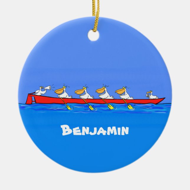 Funny pelicans rowing cartoon illustration ceramic tree decoration (Front)