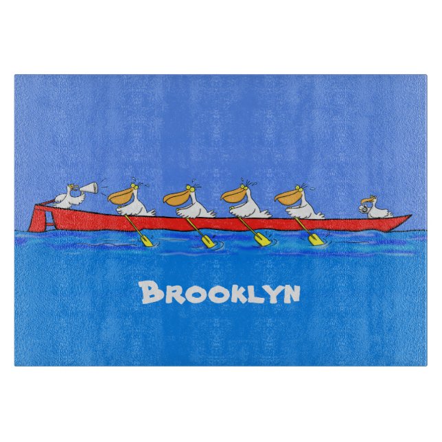 Funny pelicans rowing cartoon illustration cutting board (Front)