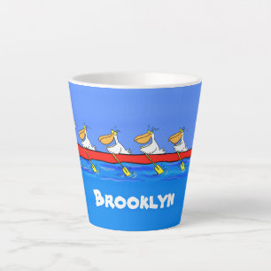 Funny pelicans rowing cartoon illustration latte mug