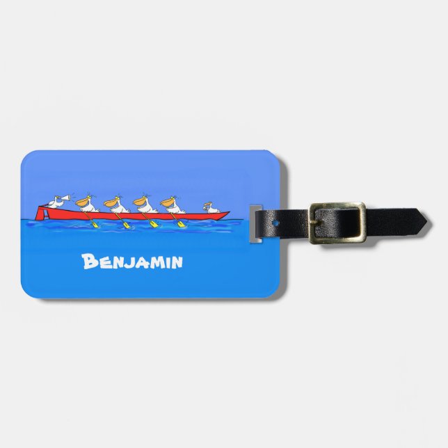 Funny pelicans rowing cartoon illustration luggage tag (Front Horizontal)
