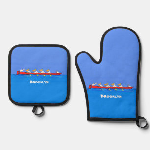 Funny pelicans rowing cartoon illustration oven mitt & pot holder set