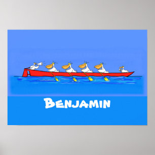 Funny pelicans rowing cartoon illustration poster
