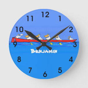 Funny pelicans rowing cartoon illustration round clock