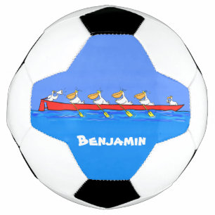 Funny pelicans rowing cartoon illustration soccer ball