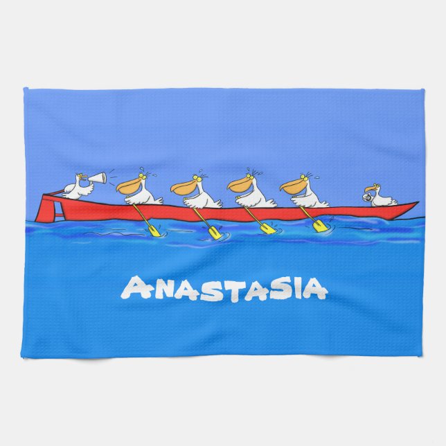 Funny pelicans rowing cartoon illustration tea towel (Horizontal)