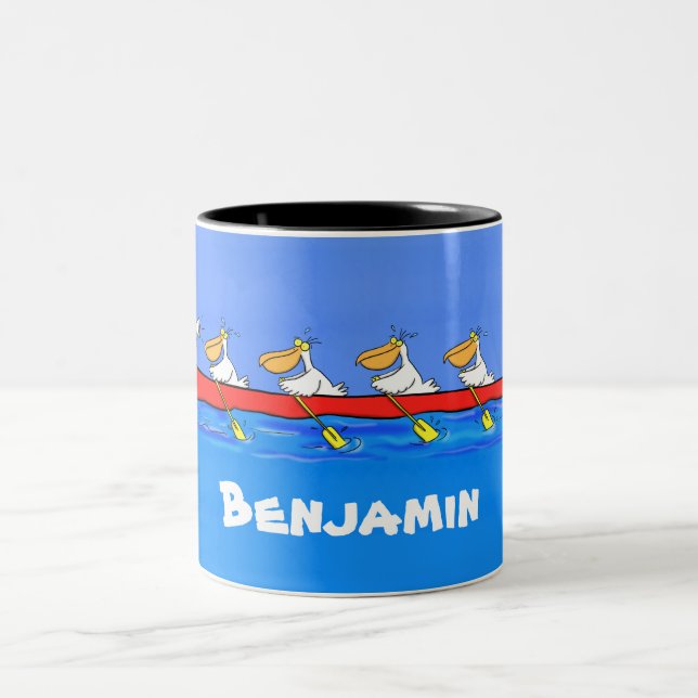 Funny pelicans rowing cartoon illustration Two-Tone coffee mug (Center)