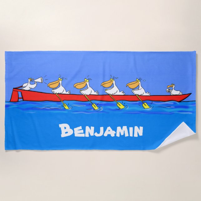 Funny pelicans rowing team cartoon beach towel. beach towel (Front)