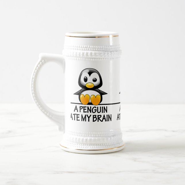 Funny Penguin Ate My Brain Graphic Beer Stein (Left)