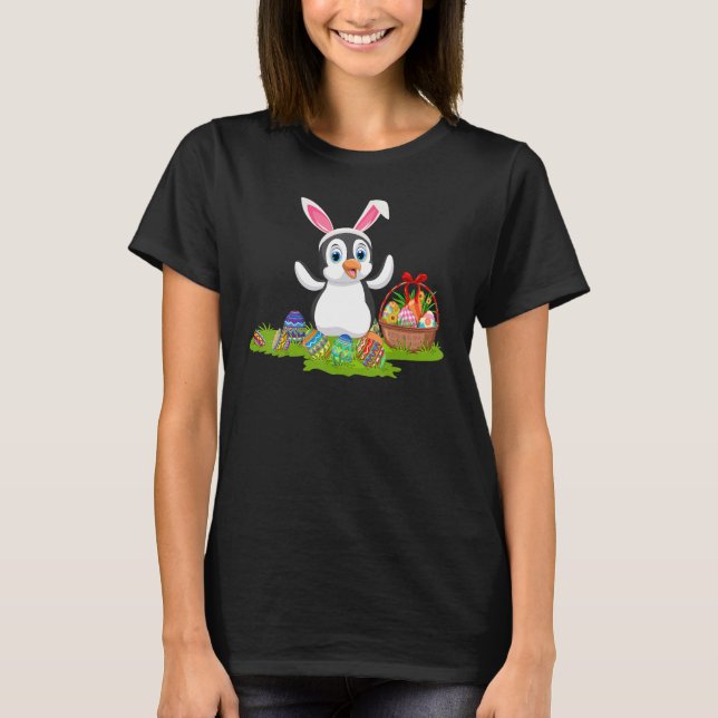 Funny Penguin Bird Easter Egg Hunting Bunny Pengui T-Shirt (Front)