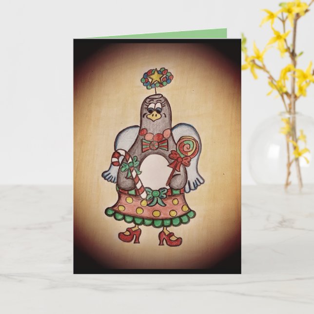 Funny Penguin Christmas Card (Yellow Flower)
