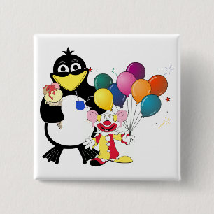 Funny penguin & clown cartoon 15 cm square badge