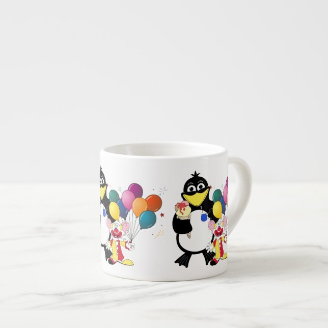 Funny penguin & clown cartoon espresso cup (Front Right)