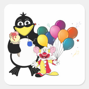 Funny penguin & clown cartoon square sticker