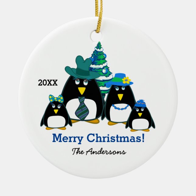 Funny Penguin Family Custom Christmas  Ceramic Tree Decoration (Front)