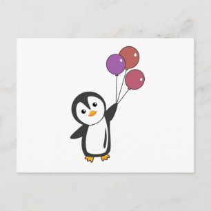 Funny Penguin Flies Up With Balloons Postcard