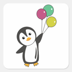 Funny Penguin Flies Up With Balloons Square Sticker