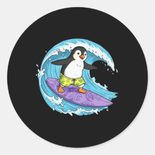 Funny Penguin Is Surfing An Ocean Wave 1 - Fan Fun Classic Round Sticker