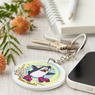 Funny Penguin on Roller Skates Key Ring