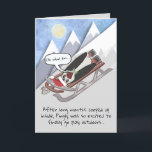 Funny Penguin on Sled Personalised<br><div class="desc">Pingly Penguin, wearing his bouncy spring-loaded shoes, is strapped to a sled & headed down a high snowy mountain straight out of quarantine. Oh What Fun! (or not)… Along w/a message inside to personalise, this funny holiday card will give your friends & family a sure laugh for Christmas, Hanukkah, New...</div>