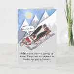 Funny Penguin on Sled Personalised Holiday Card<br><div class="desc">Pingly Penguin, wearing his bouncy spring-loaded shoes, is strapped to a sled & headed down a high snowy mountain straight out of quarantine. Oh What Fun! (or not)… Along w/a message inside to personalise, this funny holiday card will give your friends & family a sure laugh for Christmas, Hanukkah, New...</div>