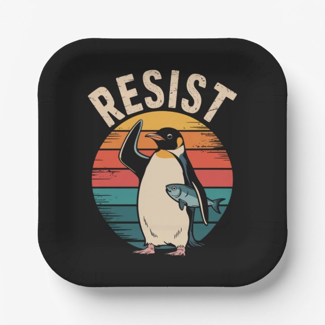 Funny Penguin Resist Protest Against Tariffs  Paper Plate (Front)