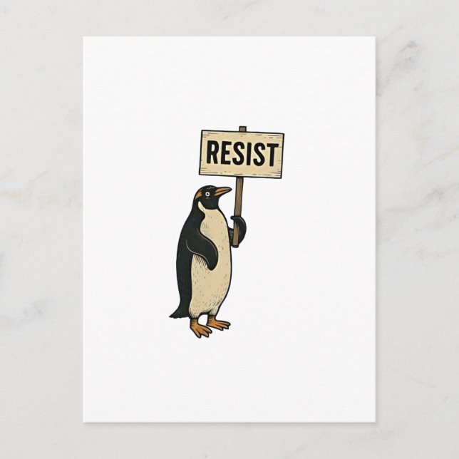 Funny Penguin Resist Protest Against Tarrifs  Invitation Postcard (Front)