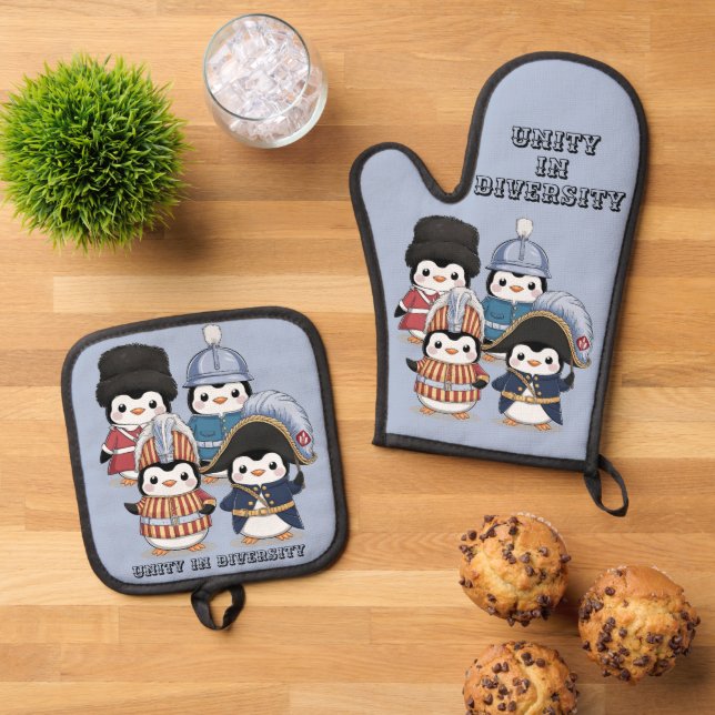 Funny Penguin Royal Guards Unity in Diversity Oven Mitt & Pot Holder Set (Top Down)