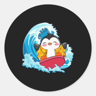 Funny Penguin Surfing Summer Vacation Beach Surfer Classic Round Sticker
