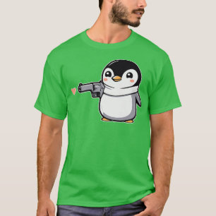 Funny Penguin with Pistol and Hearts T-Shirt
