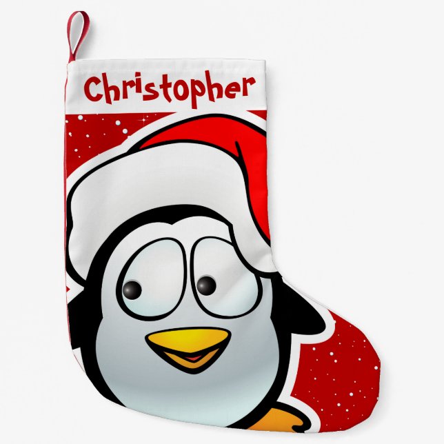 Funny Penguin With Red Santa Hat Small Christmas Stocking (Front)