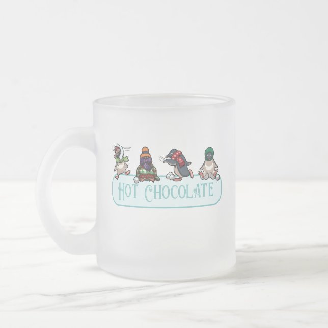 Funny Penguins Hot Chocolate Snowballing Cartoon Frosted Glass Coffee Mug (Left)