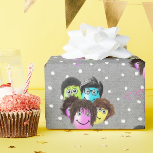 Funny People Birthday Balloons on Polka Dots Wrapping Paper (Birthday Party)