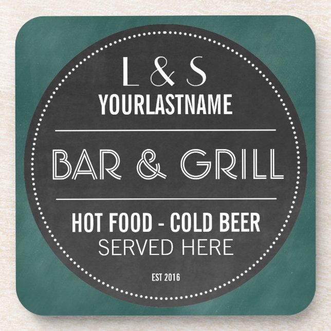 Funny Personalised Bar and Grill Chalkboard Sign Coaster (Front)