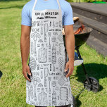 Funny Personalised BBQ Grill Chef Barbecue Master Apron<br><div class="desc">A fun apron featuring a vintage looking pattern of various grilling tools.  Add two lines of custom text to personalise. Perfect for anyone who loves to barbecue,  grill and cook.  Makes a perfect Father's Day,  birthday or holiday gift.</div>