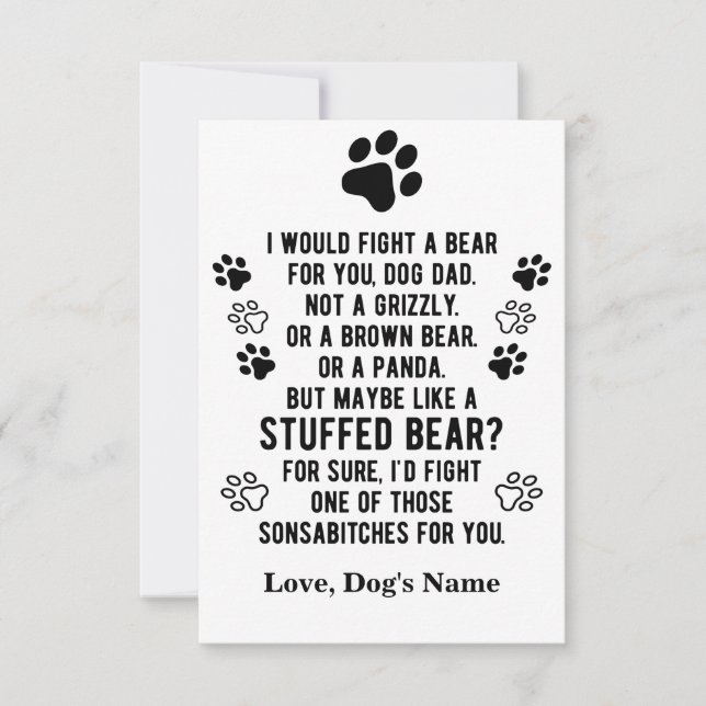 Funny Personalised Fight A Bear For You Dog Dad Thank You Card (Front)