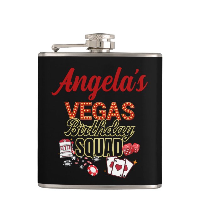 Funny Personalised Las Vegas Birthday Party Squad  Hip Flask (Front)