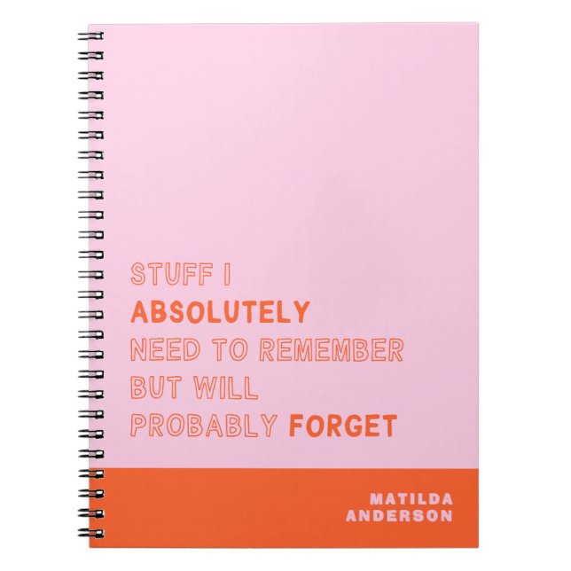 Funny Personalised Modern Pink Orange Custom Name Notebook (Front)