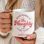 Funny Personalised Name Christmas Naughty List Coffee Mug<br><div class="desc">Join the 'Naughty List Club' in style with this personalised holiday mug! Perfect for those with a mischievous side, this festive mug features a playful design in red and green with cheerful holiday icons. Customise it with a name to create a unique and humourous gift for friends, family, or co-workers...</div>