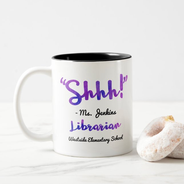 Funny Personalised Shhh! School Librarian Quote Two-Tone Coffee Mug (With Donut)
