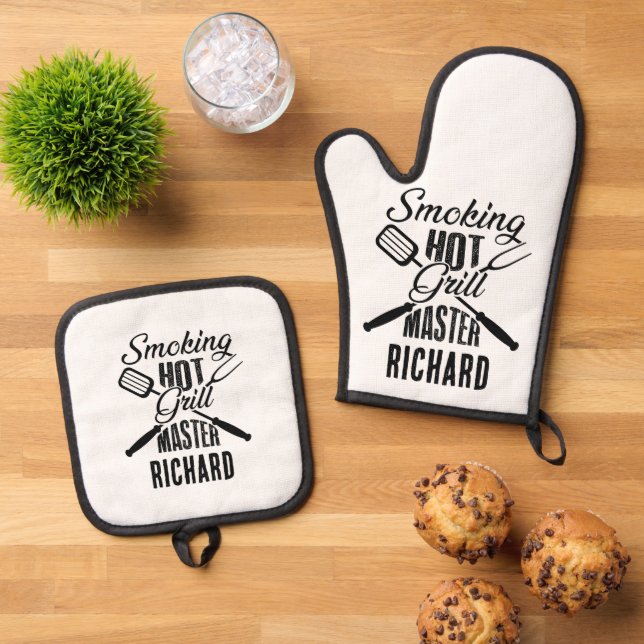 Funny Personalised Smoking Hot Grill Master  Oven Mitt & Pot Holder Set (Top Down)