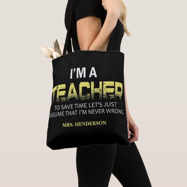 Funny Personalised Yellow Black Teacher Tote Bag (Close Up)