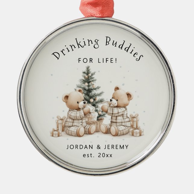 Funny Personalized Twin Drinking Buddies Christmas Metal Tree Decoration (Front)