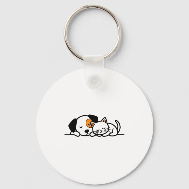 Funny Pet Lover - Cute Cat And Dog Sleeping Togeth Key Ring (Front)