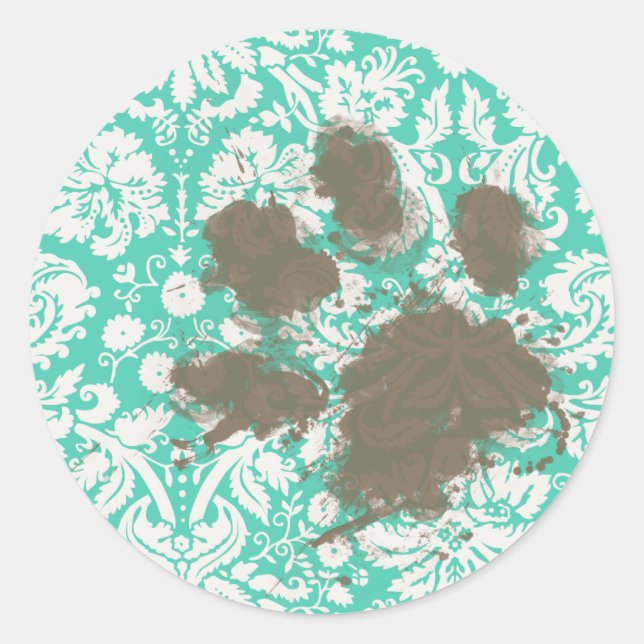 Funny Pet Owner Seafoam Green Damask Classic Round Sticker (Front)