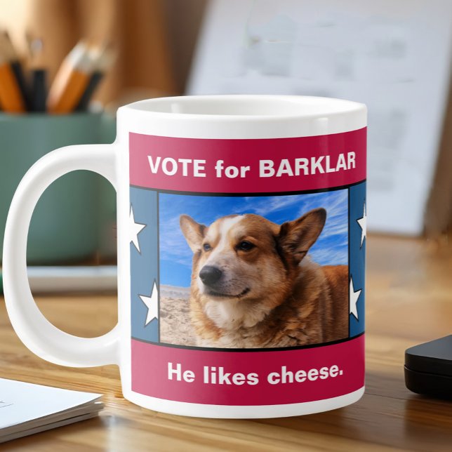 Funny Pet Photo Election Campaign Political Joke Large Coffee Mug (Vote for laughs! Custom pet photo mug for caffeine-fueled campaign chaos and write-in fun.)