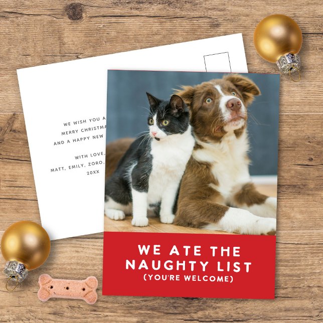 Funny Pet We Ate The Naughty List Red Christmas  Holiday Postcard (Creator Uploaded)