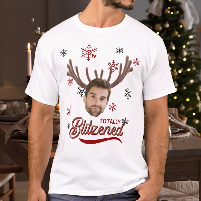 Funny Photo Face Blitzened Christmas Custom Gift T-Shirt (Funny Photo Face Blitzened Christmas Custom Gift T-Shirt
on a man standing in holiday party setting)
