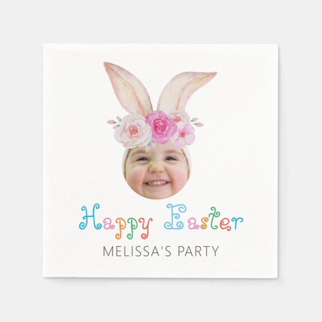 Funny Photo Face Easter Watercolor Bunny Ears Napkin (Front)