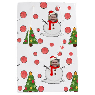 Funny Photo Face White Red Green Snowman Xmas Medium Gift Bag