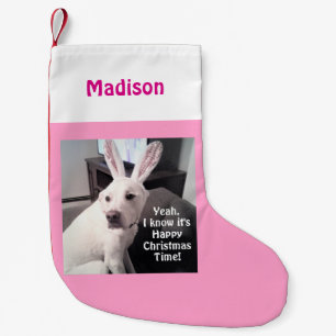 Funny Photo of White Dog Wearing Bunny Ears Pink Small Christmas Stocking